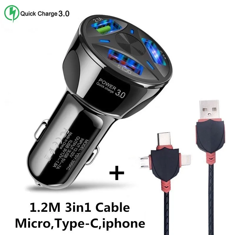 Black 3USB and Cable Хорошее автомобильное микро USB зарядное устройство 3,0, быстрая зарядка, зарядное устройство для мобильного телефона, 2, 3 порта, USB быстрое автомобильное зарядное устройство для iphone, ios, Android - Тип штекера: Black 3USB and Cable
