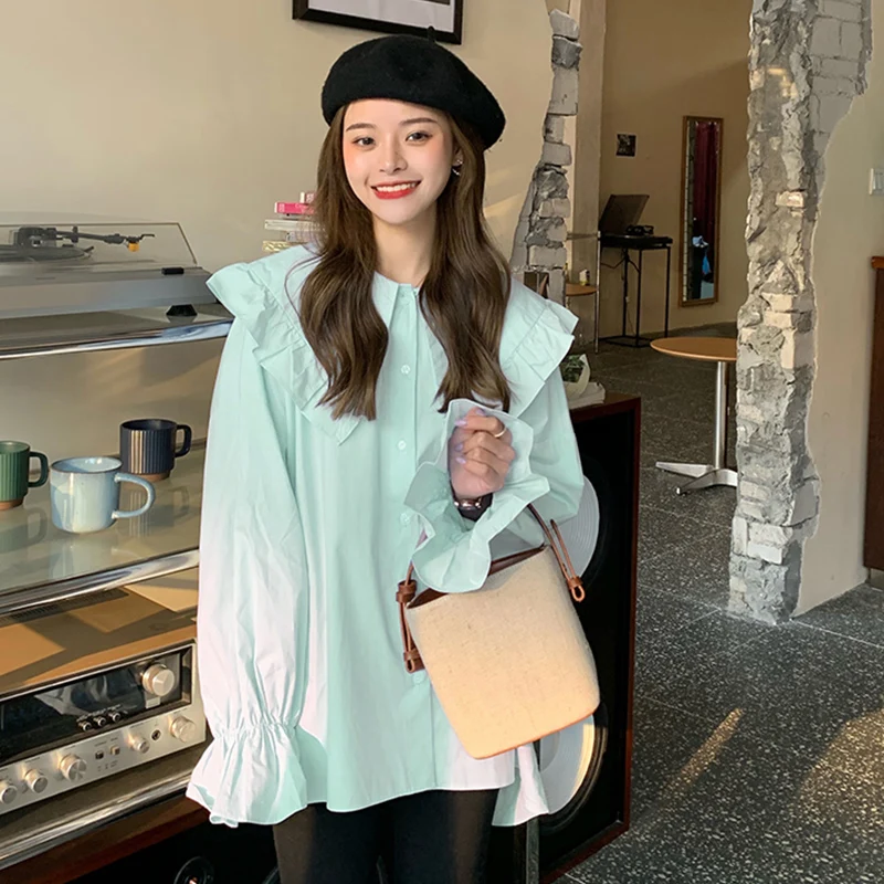 

Женская рубашка с длинным рукавом, Однотонная рубашка с деревянными ушками и воротником «Джокер», 2021