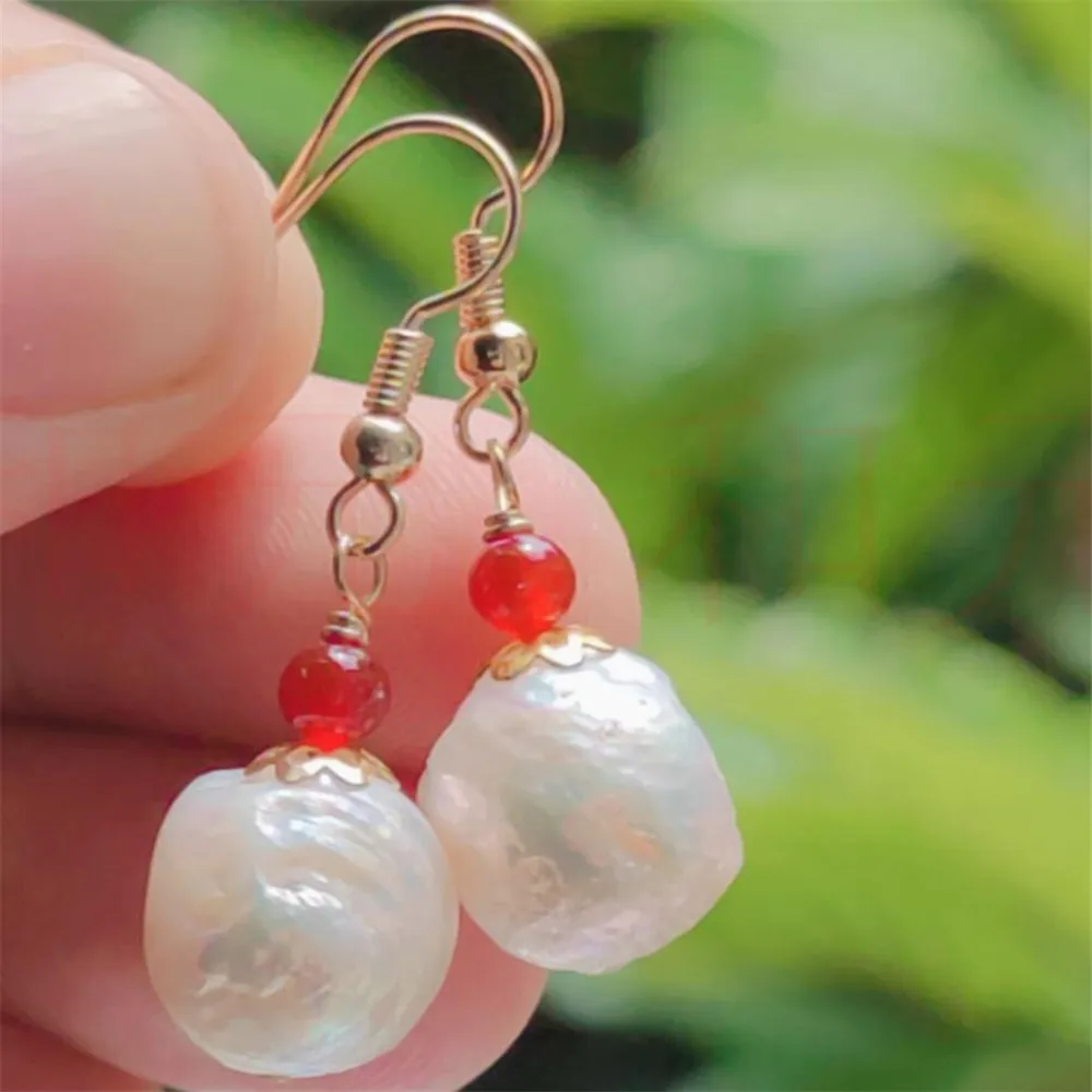 

Elegant Natural red agate Pearl Earrings Ping buckle 18KGP Wedding Aquaculture Accessories Lucky Freshwater CARNIVAL Christmas