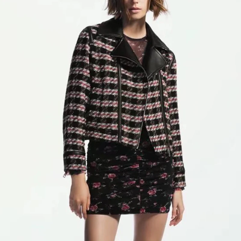 

2021 Autumn Women Fashion Plaid Texture Jacket Coat Vintage Notched Collar Long Sleeve Zipper Outerwear Chic Top BB4297