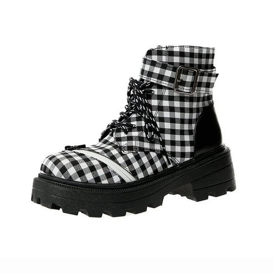 

2021 Black and White Plaid Martin Boots Women's Thick Soled High Buckle Motorcycle Boots Short Boots Punk Street 35-40