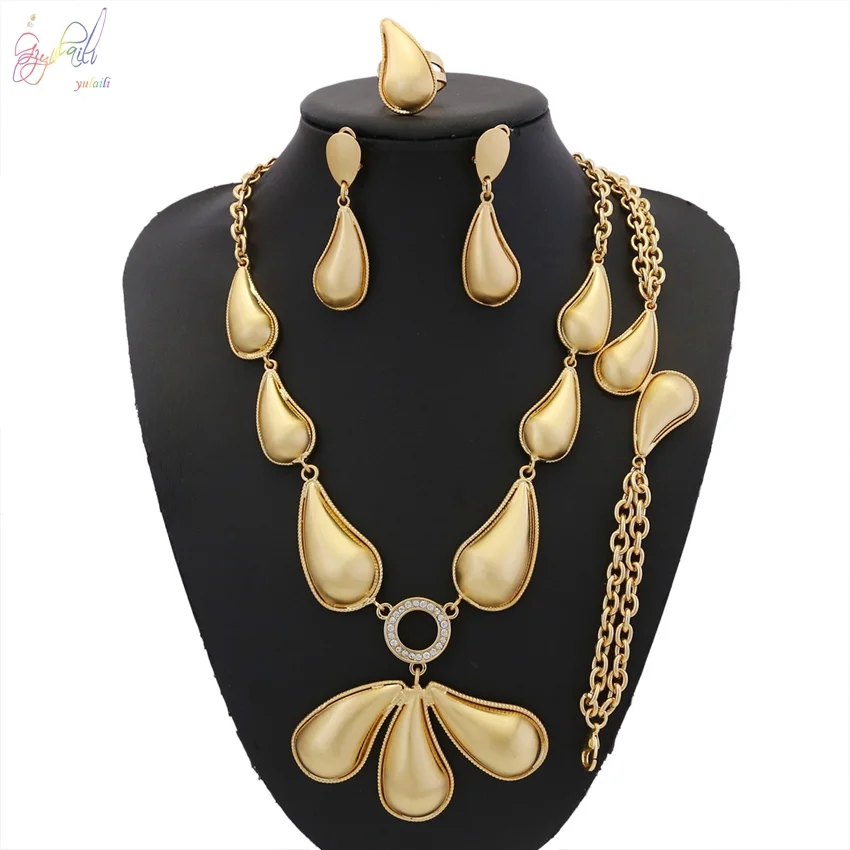 

Yulaili Ювелирные наборы Свадебные хрустальные Модные Свадебные африканские золотые цвета ожерелье серьги браслет кольцо женские вечерние на...