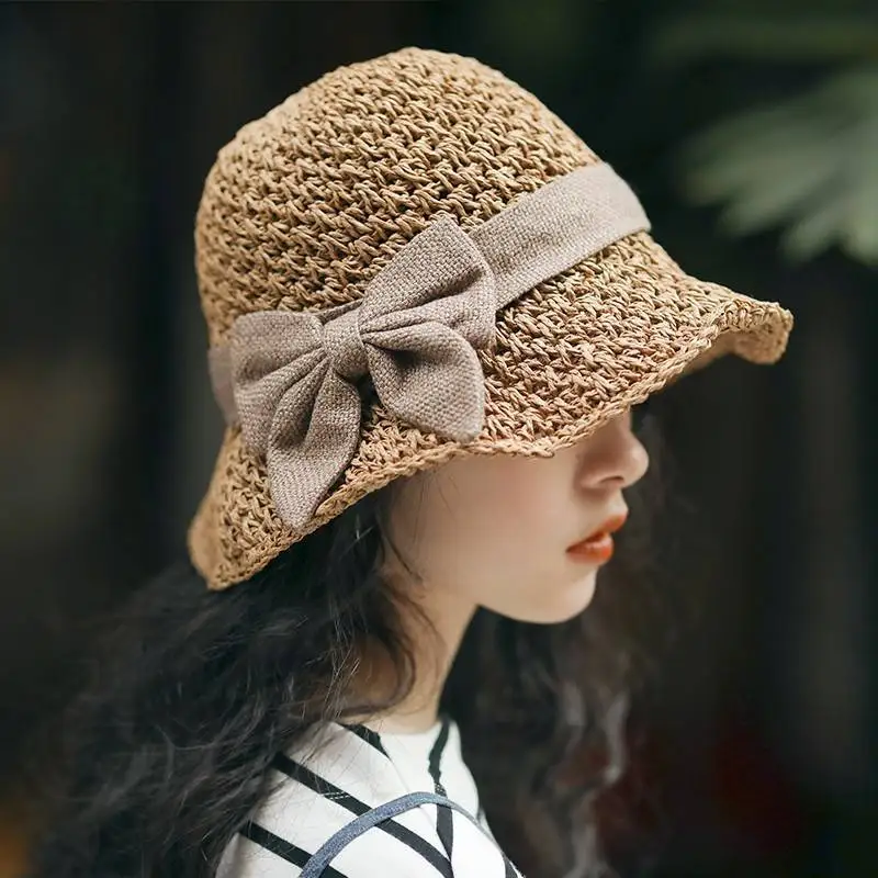 

Women's summer small fresh raffia sun hat straw hat fisherman hat simple bow knot wild sun hat