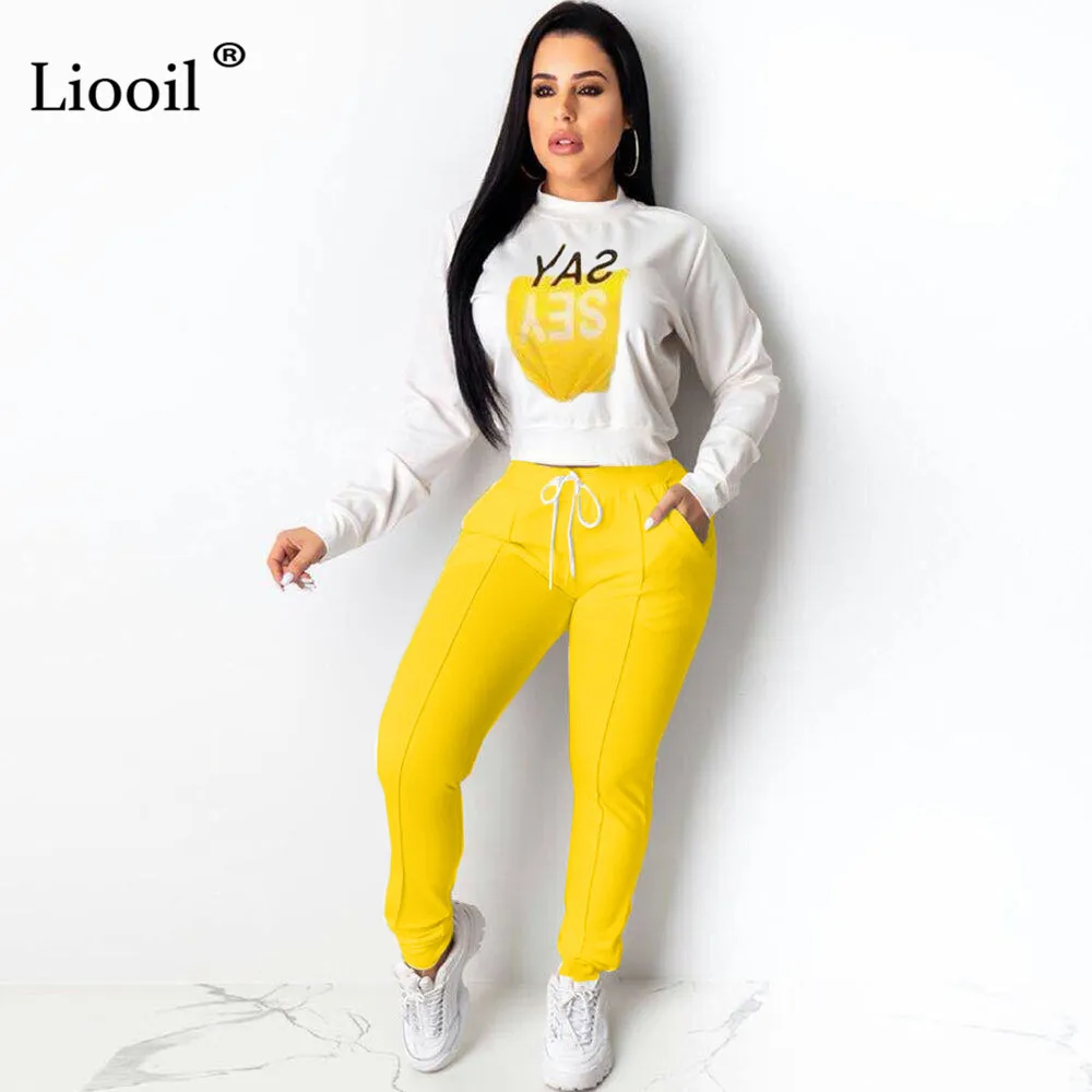 Liooil женский спортивный костюм с буквенным принтом, комплект из двух предметов, футболка с длинными рукавами и круглым вырезом, сексуальный белый топ, спортивные штаны с карманами