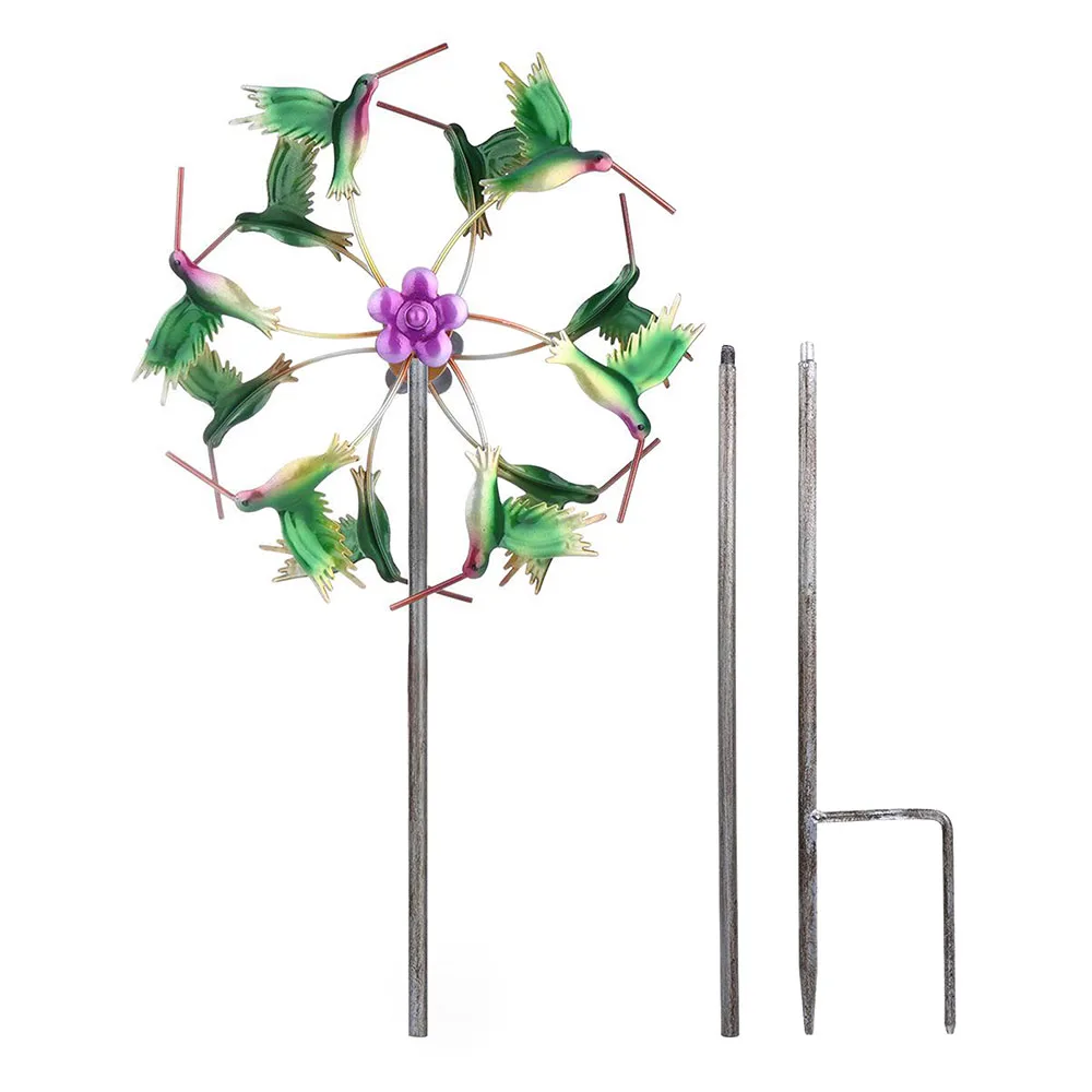 

Backyard Garden Decor Lawn Patio Sculpture Outdoor Yard Wind Spinner Metal Stake Hummingbird Sunflower Iron Art Home Vertical