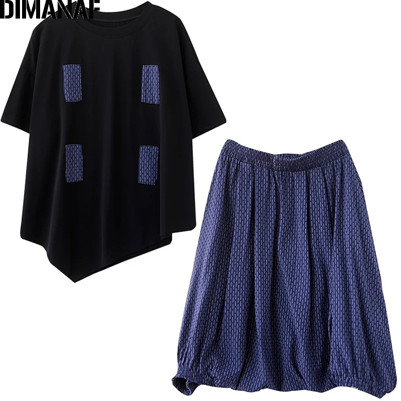 

DIMANAF 2021 Summer Plus Size Two Pieces Set Suit Women Oversize Lady Tops Shorts Pants Loose Cotton Oversize Black Jacquard