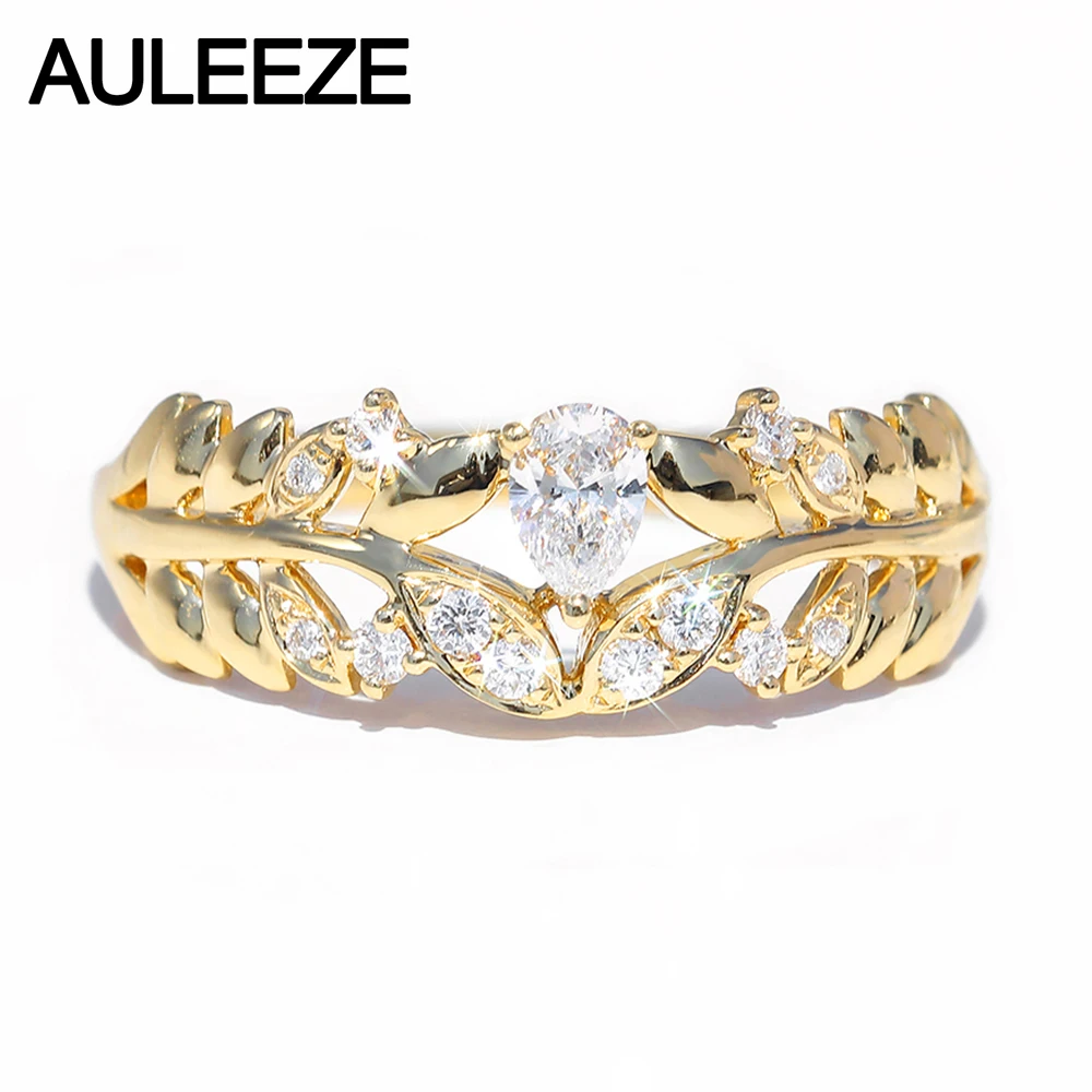 

AULEEZE Pear Cut 0.14ct Real Diamond 18K Yellow Gold Ring Leaf Shape AU750 Real Gold Rings For Women