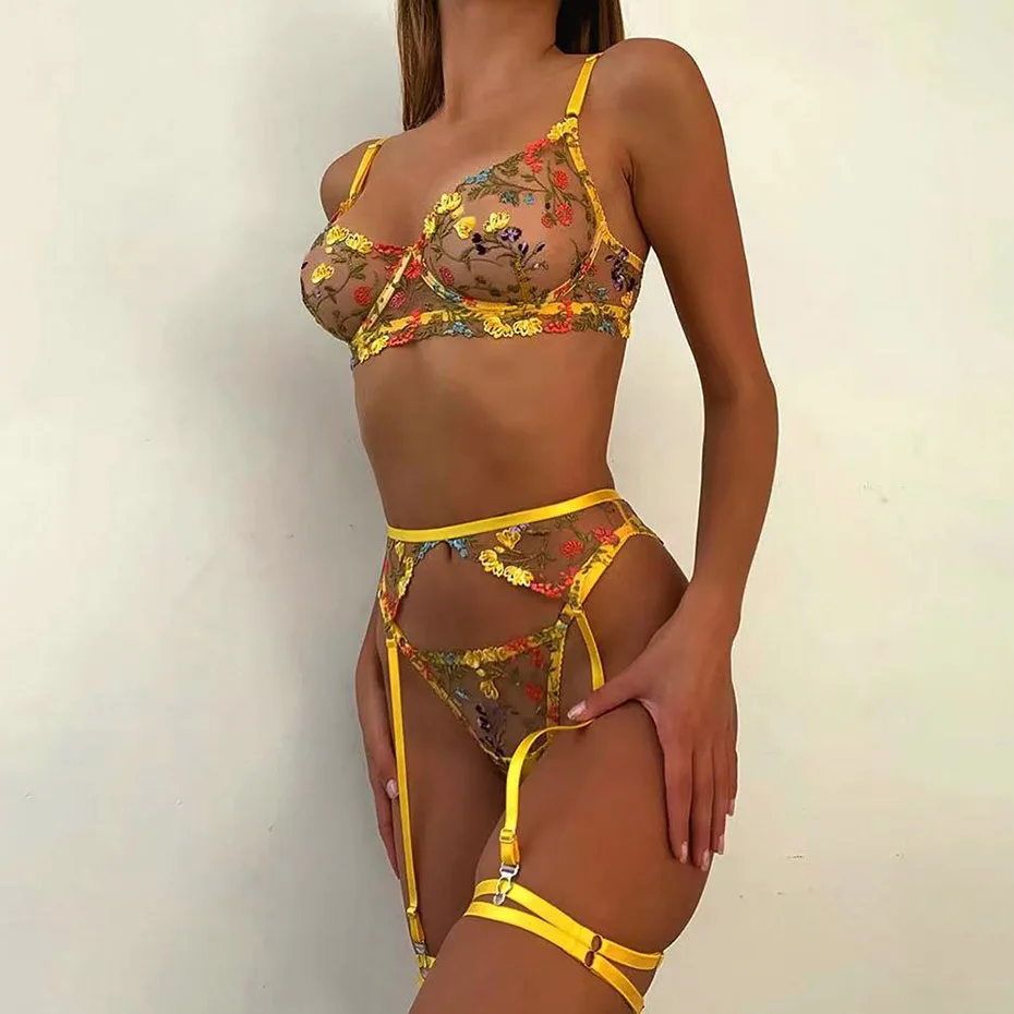 Sexy Bra And Panties Set Lingerie Yellow Embroidery Lace Transparent Women's Underwear Set Erotic Brief Set Lingerie Costumes