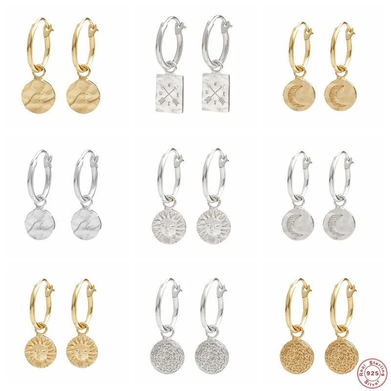 

GS 925 Sterling Silver Ethnic Man Portrait Face Sun Moon Sea Wave Pattern Disc Charm Dangle Earrings Women Piercing Pendientes