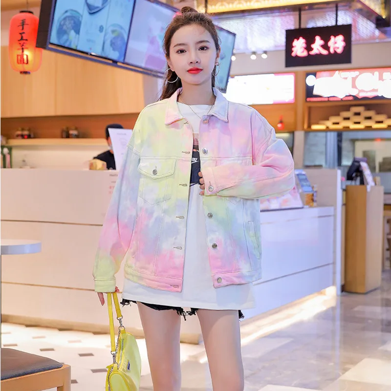 

Coat Women Printing Fashion Tie Dye Colorful Gradient Denim Loose Korean Harajuku Chaqueta Mujer Streetwear Veste Jacket