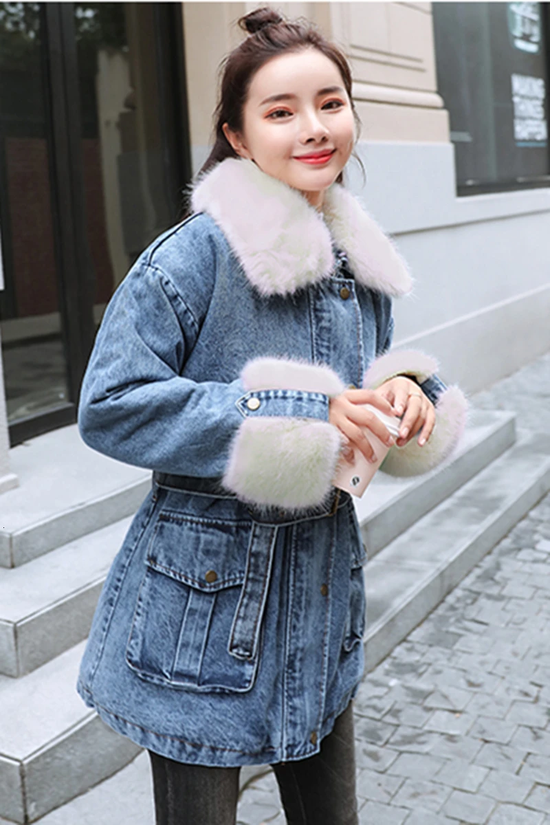 Зимняя женская теплая джинсовая куртка из овечьей шерсти модное длинное пальто с