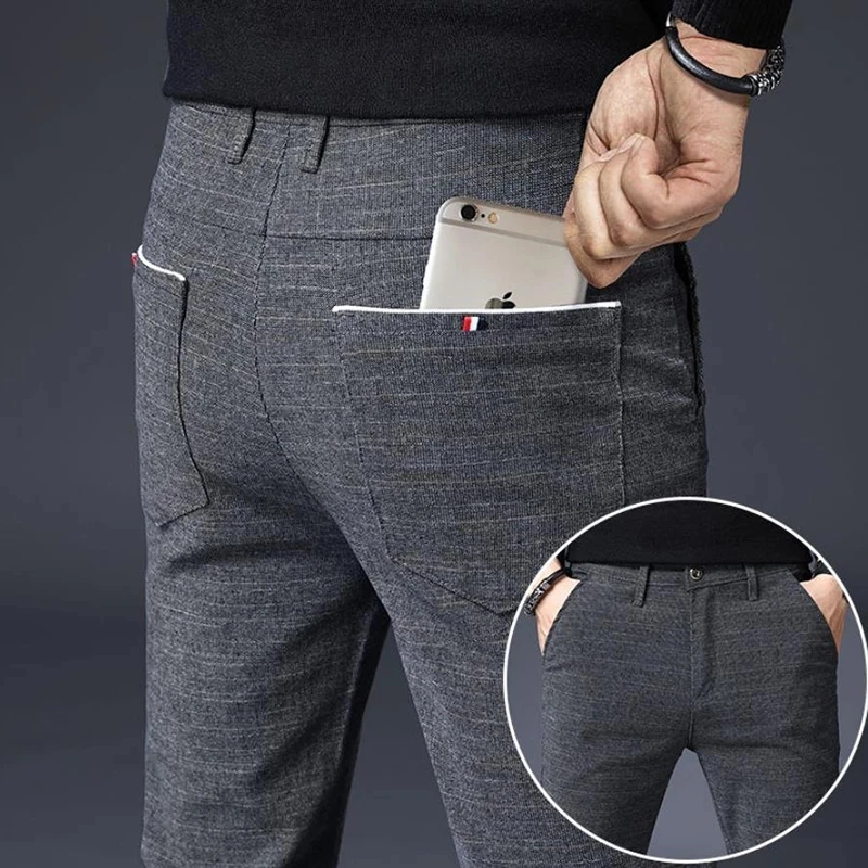 

2021 Men's Stripe Casual Pants Mens Four Seasons High Quality Business Trousers Men's Straight Harem Pants
