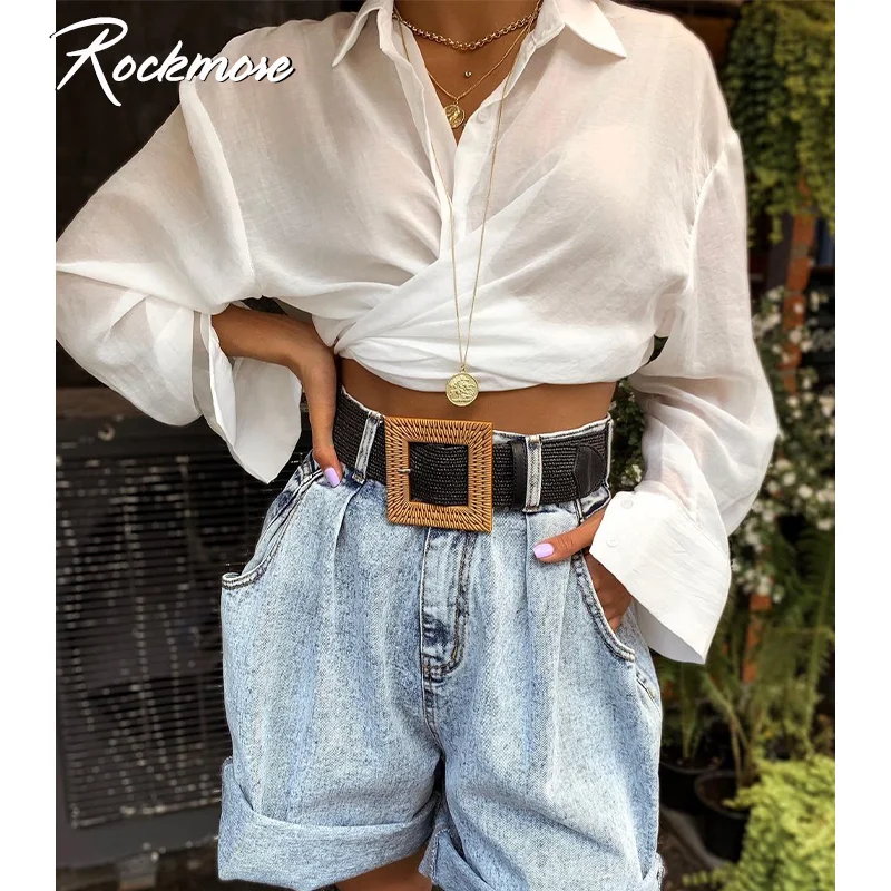 

Rockmoer Casual Long Sleeve Blouse Shirt Spring Single Breasted Women White Transparent Top Summer Loose Turn Down Collar Shirts