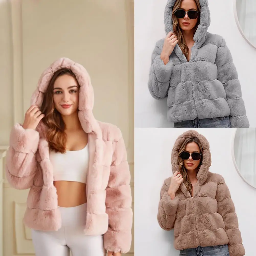 

Winter Coat Hooded Zipper Closure Winter Cold Resistant Coat Faux Fur Long Sleeve Short Type Fluffy Cardigan Outerwear