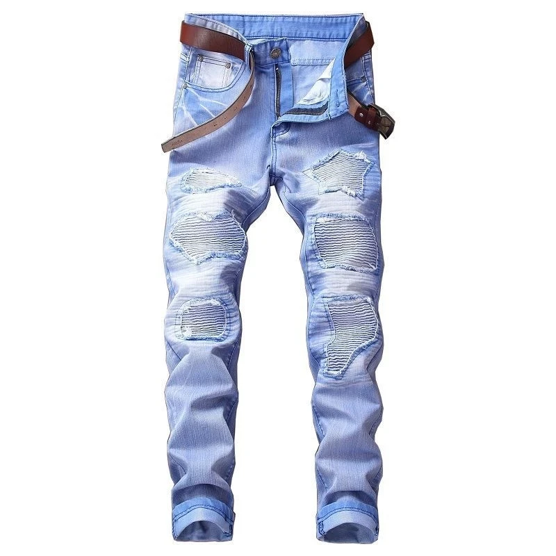 Men's Red Ripped Denim Pants Knee Hole Zipper Biker Jeans Men Slim Skinny Destroyed Jean Pants Hip-Hop Motorcycle Denim Trousers