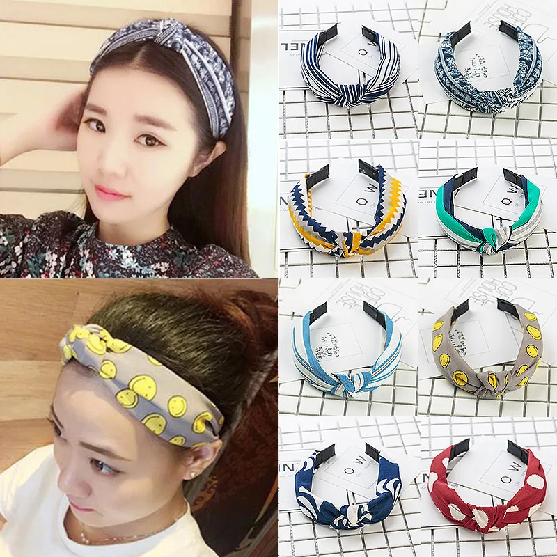

Korean Ins Knot Cross Head Band Sweet Wide Bowknot Fahsion Fabric Hairband Women Floral Stripe Girl Dot Hoop Hair Accessories