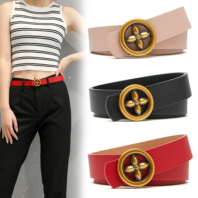 

Women's Belt PU Alloy Vintage Round Hasp Waistband For Jeans Luxury Female Girdle Corset Fashion Plum Buckle Belts For Ladies