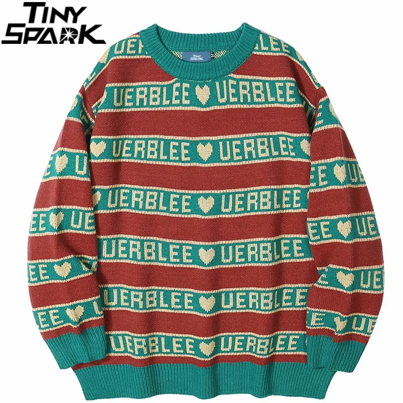 

Уличная одежда, вязаный свитер в стиле хип-хоп, Харадзюку, свитер в полоску с сердечками, 2021, мужской осенний хлопковый Повседневный пуловер,...