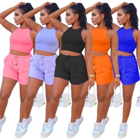 casual outfits round neck sleeveless racerback tank tops summer active athletic drawstring fit mini shorts women 2pcs tracksuits