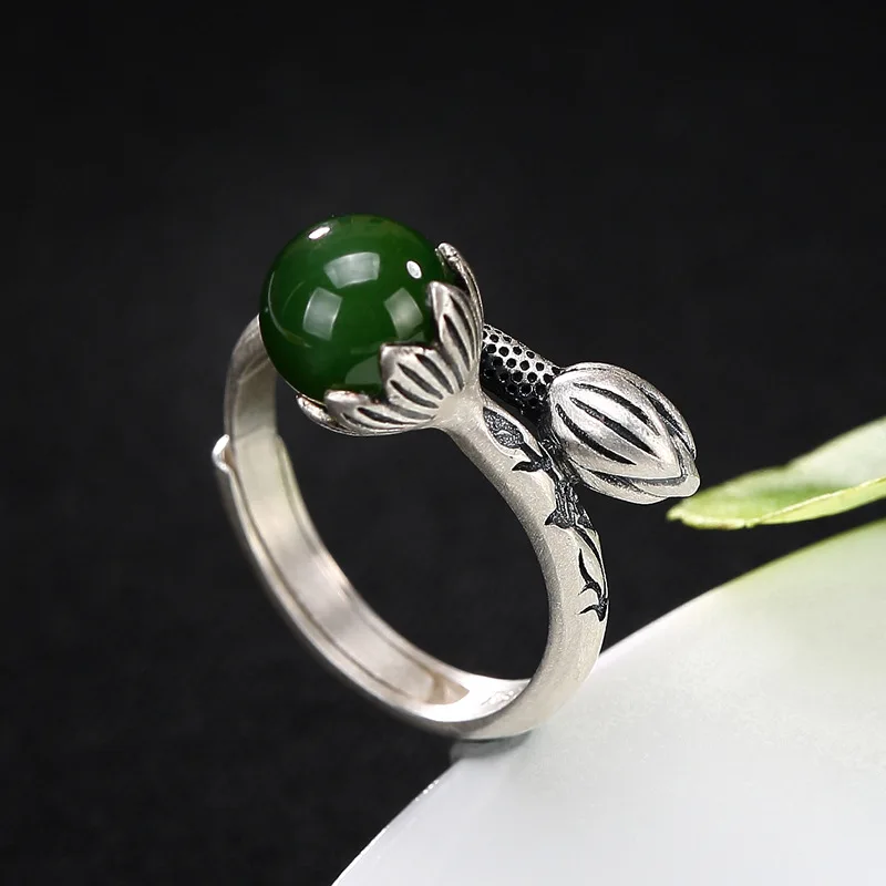 

Natural 925 sterling silver inlaid hetian jasper jade lotus for women rings resizable sterling silver rings luxury jewelry