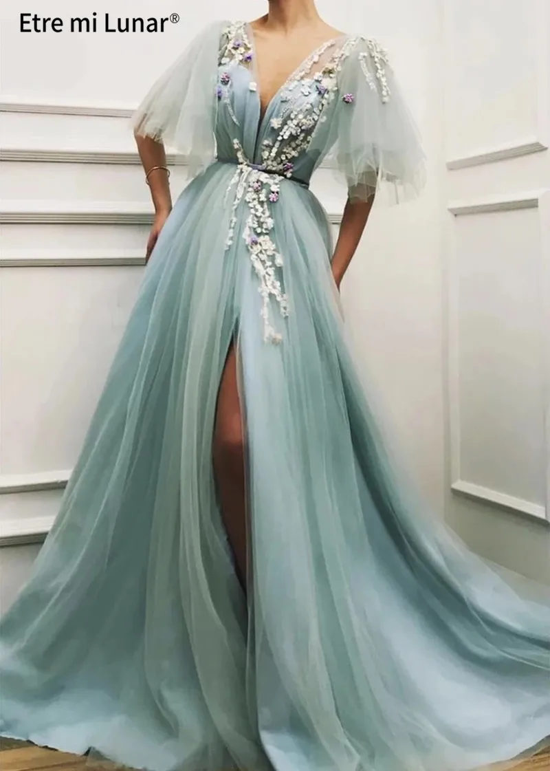 

Платье ТРАПЕЦИЕВИДНОЕ бирюзовое для выпускного вечера, с V-образным вырезом и цветочной аппликацией