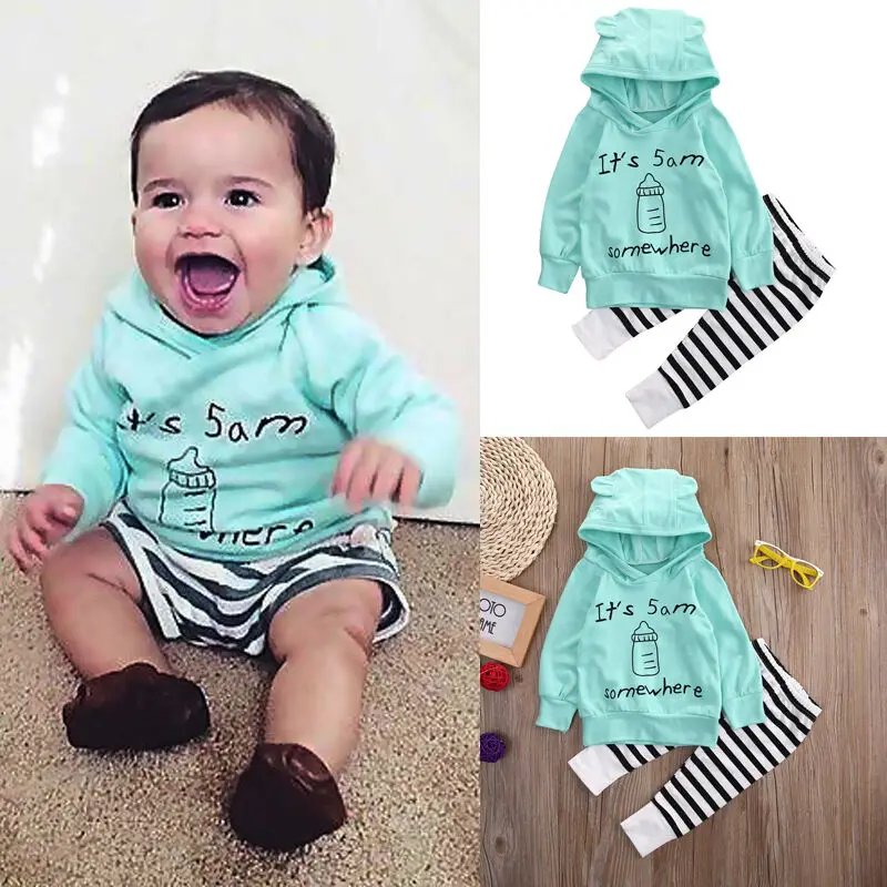 2020 Fashion Newborn Baby Boy Girl Long Sleeve Hoodie Milk bottle Top + Striped Pants Outfits Clothes Set | Детская одежда и обувь
