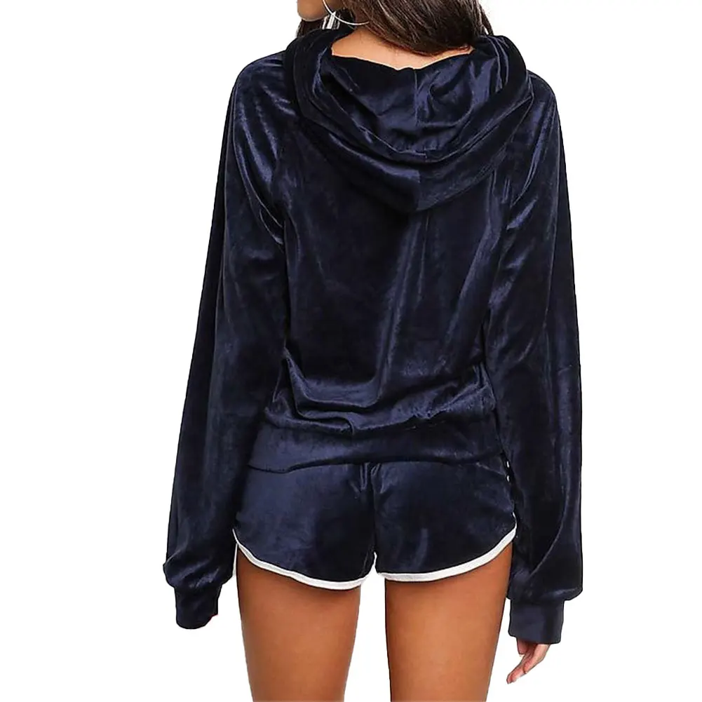 

Women Two Piece Hoodie Velvet Long Sleeve O Neck Lace Up Hoodie Drawstring Top + Hem Shorts Outfit Set