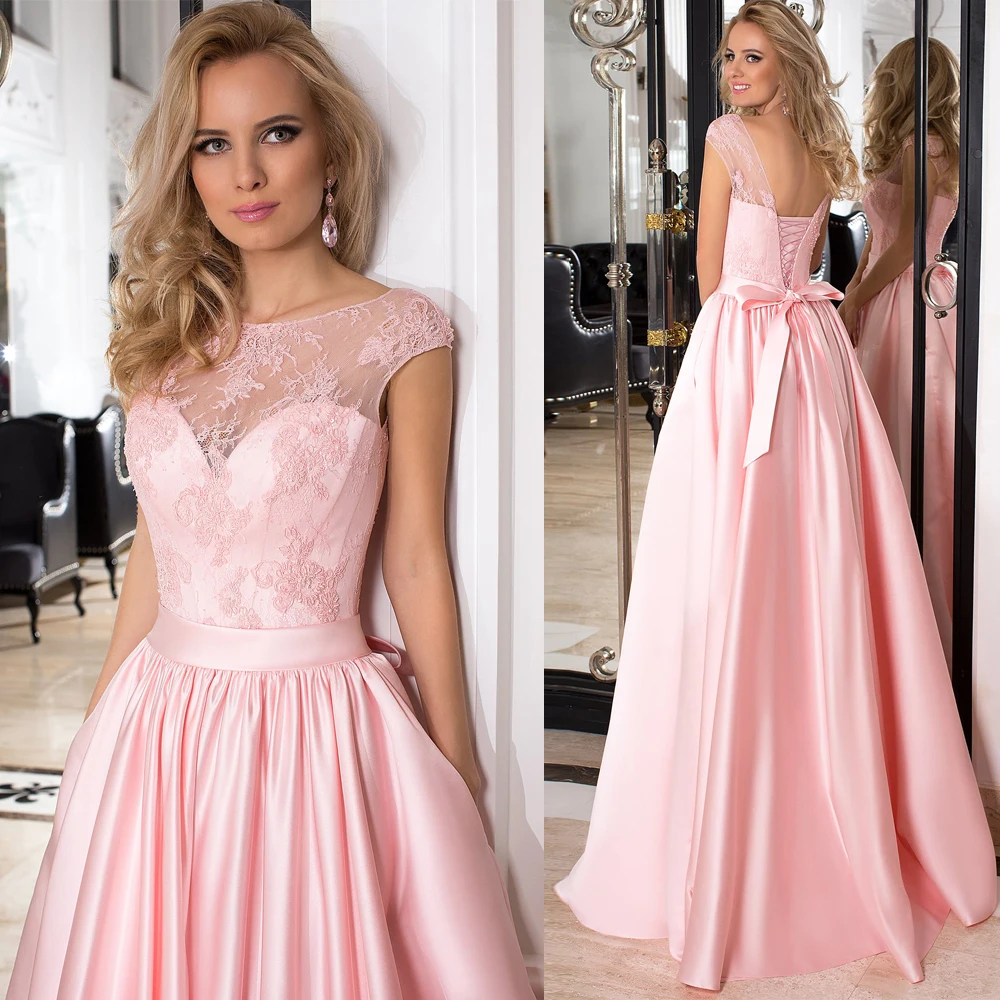 

Vestidos Элегантные платья выпускного вечера атласные с кружевами и бантом, со складками с вырезом лодочкой и короткими рукавами на шнуровке пл...