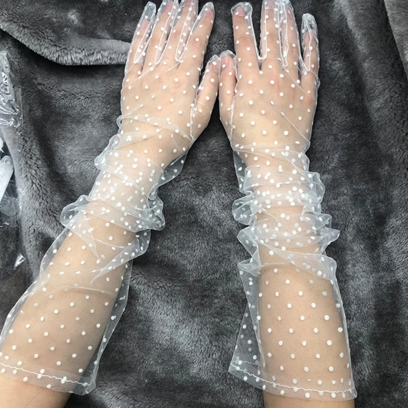 

Vintage Polka Dot Lace Long Gloves Female Semi Sheer Mesh Tulle 38cm Solid Color Sun Protection Mittens