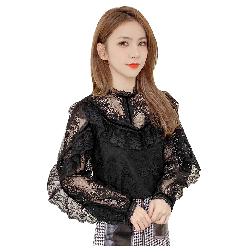 Женская винтажная шифоновая блузка с длинным рукавом и кружевом|Блузки| |