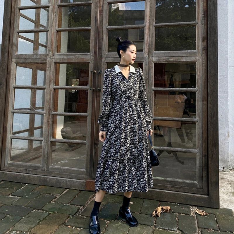 

Woman Vintage Floral Dress Casual Streetwear 2021 Korean Style Fashion Clothe For Girls Long Dresses винтажное платье