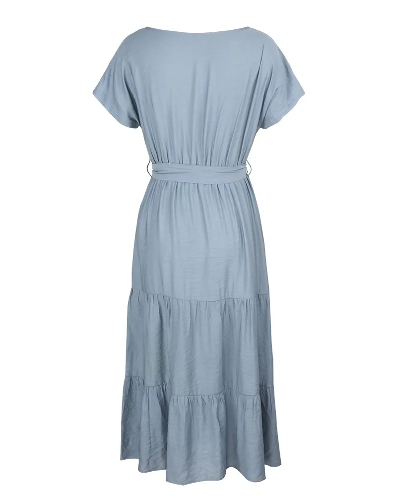 

Summer Women Dress Sexy O-Neck Short Sleeve Single-Breasted Button Female A-Line Ruffles Spaghetti Straps Dresses Beach 2021New