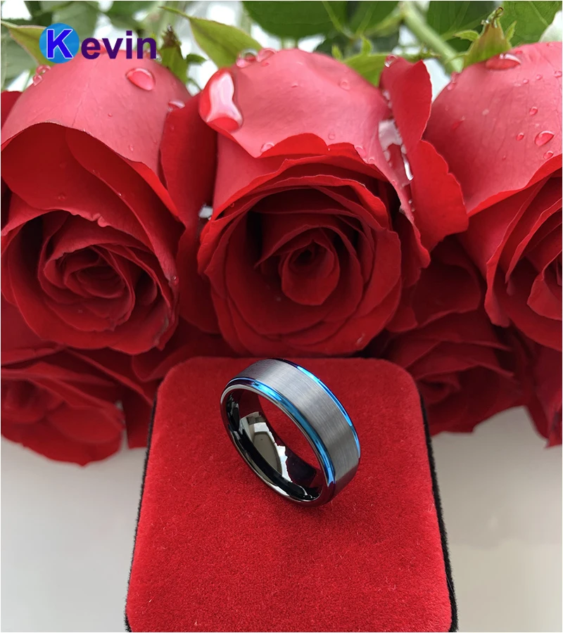 Мужские черные вольфрамовые кольца обручальные для женщин с синими ступенчатыми