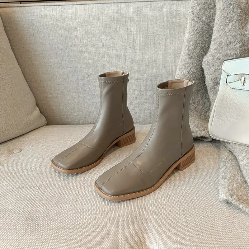 

Side Zipper Women's Boots Genuine Leather Square Toe Shoes Woman Heels 2021 Winter Office Lady Party Ankle Boots Leather