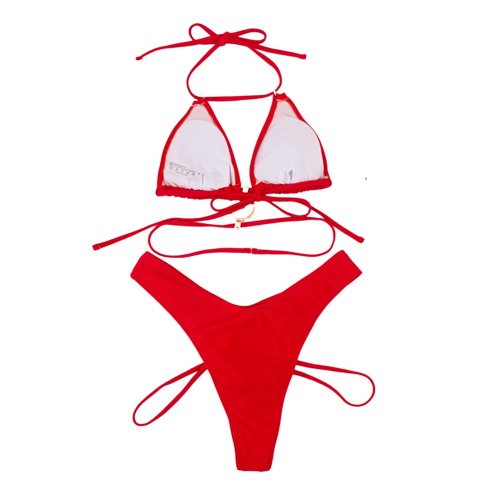 

Women's Sexy Two Piece Bikini Suits Fashion Solid Color Metal Ring Halter Tops and Hollow Straps Low Waist Thong Bathing Suits