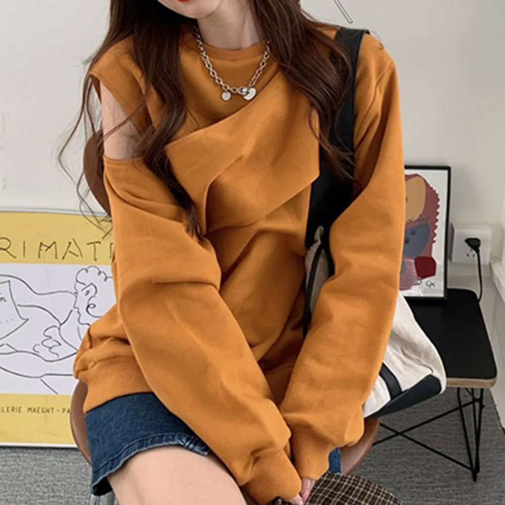 

Женский пуловер с открытыми плечами, Свободный Топ в Корейском стиле с длинными рукавами, ажурные дамские блузки, осень 2021