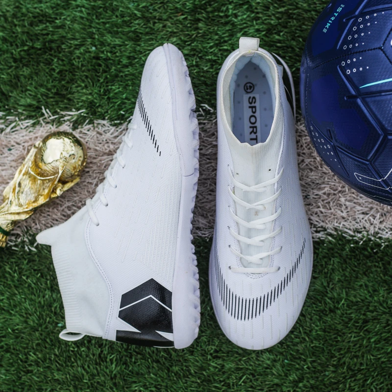 

Turf Black Men Soccer Shoes Kids Cleats Training Football Boots High Ankle Sport Sneakers