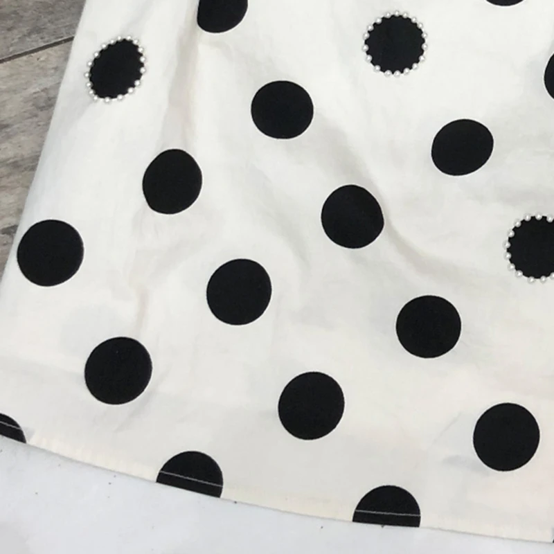 

TWOTWINSTYLE Casual Dot Shirt For Women Skew Collar Puff Short Sleeve Patchwork Pearl Loose Blouses Females Summer Fashion Style