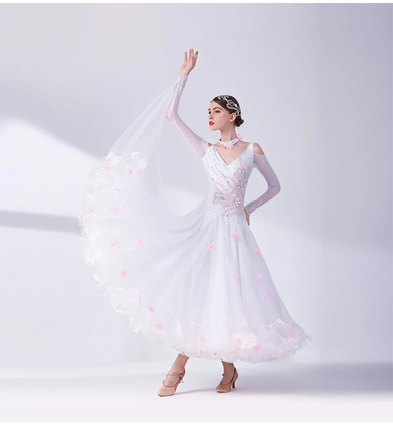 

White Ballroom Dance Dress Adult High Quality Modern Waltz Dancing Skirt Long Sleeve Standard Ballroom Dance Dresses Women