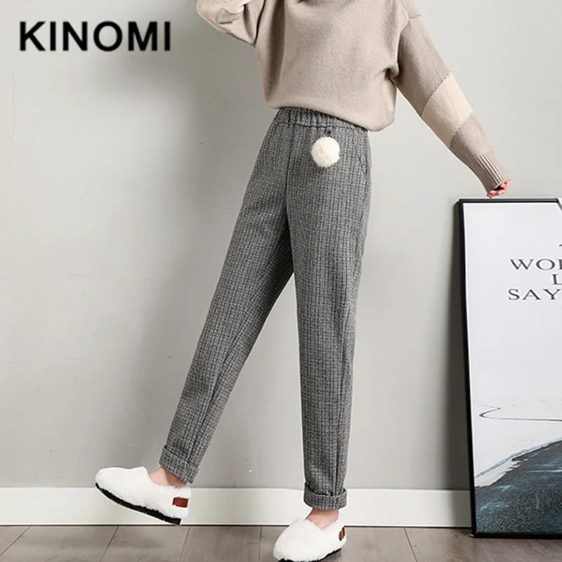 KINOMI Зима OL Стиль Женские клетчатые шерстяные шаровары эластичный пояс