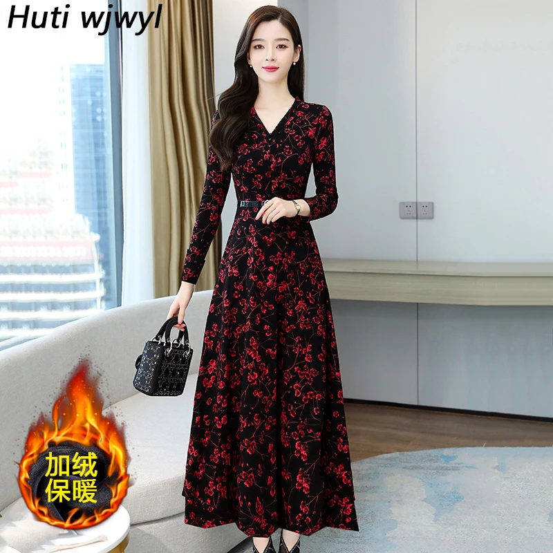 

Женское бархатное платье-макси с цветочным принтом, красное повседневное облегающее платье средней длины для офиса и вечеринок, Осень-зима ...