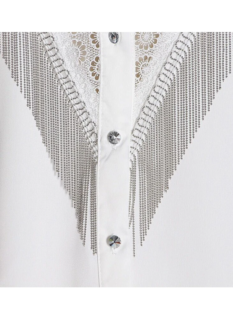 

Heavy Crafts Contrast Lace Metal Beaded Tassel Lantern Sleeve Temperament Chiffon Shirt Ladies Personality Wild Top
