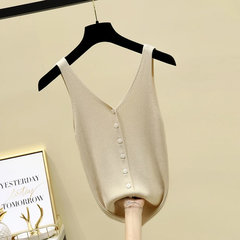 

2021 Summer Spring Harajuku Knit Tank Top Cami Korean Camisole Elastic Vest O-Neck Solid Color New Loose Tops