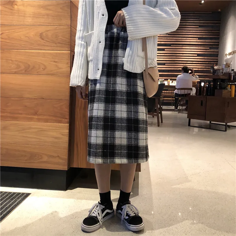 2019 корейская женская Зимняя шерстяная юбка с высокой талией а-силуэт в клетку