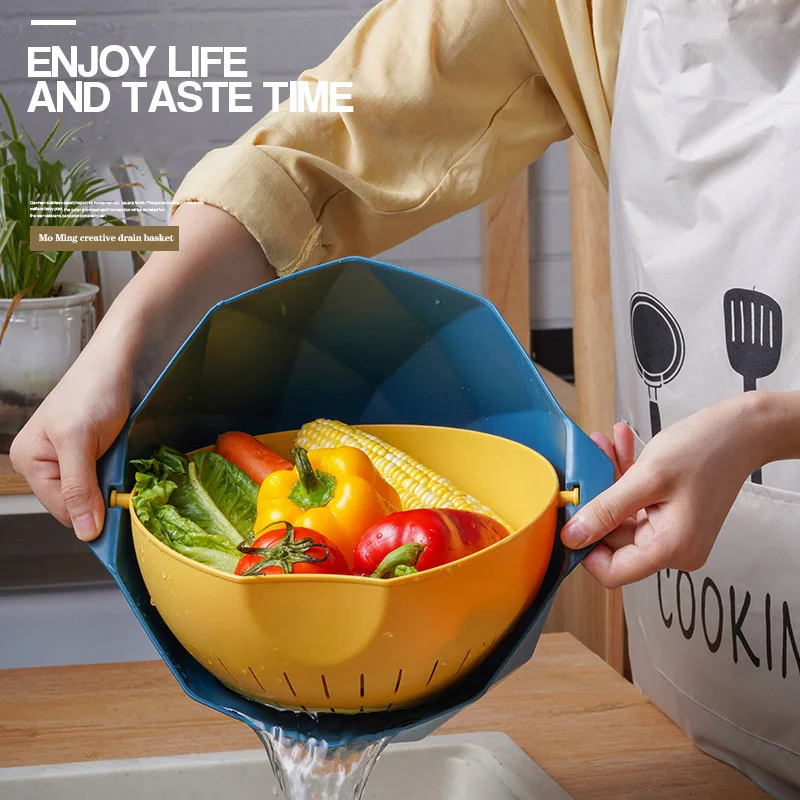 

Multifunctional Draining Basket Rotating органайзер Hollow Sub with Handles Double Layer Cleaning Fruit Vegetable Rice XH8Z