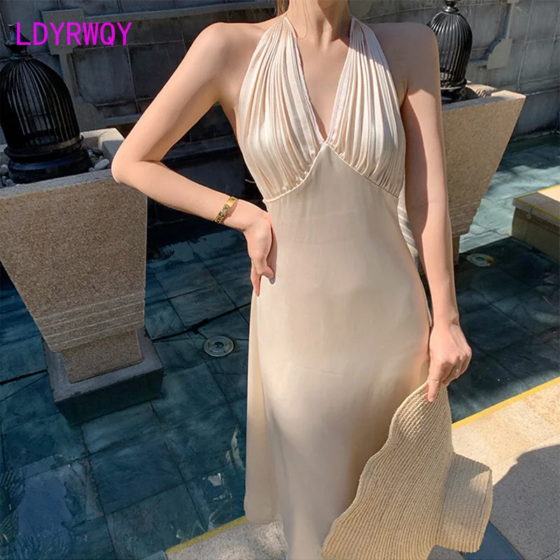 

LDYRWQY Temperament v-neck halterneck dress French halter waist waist Polyester Knee-Length Zipper Office Lady