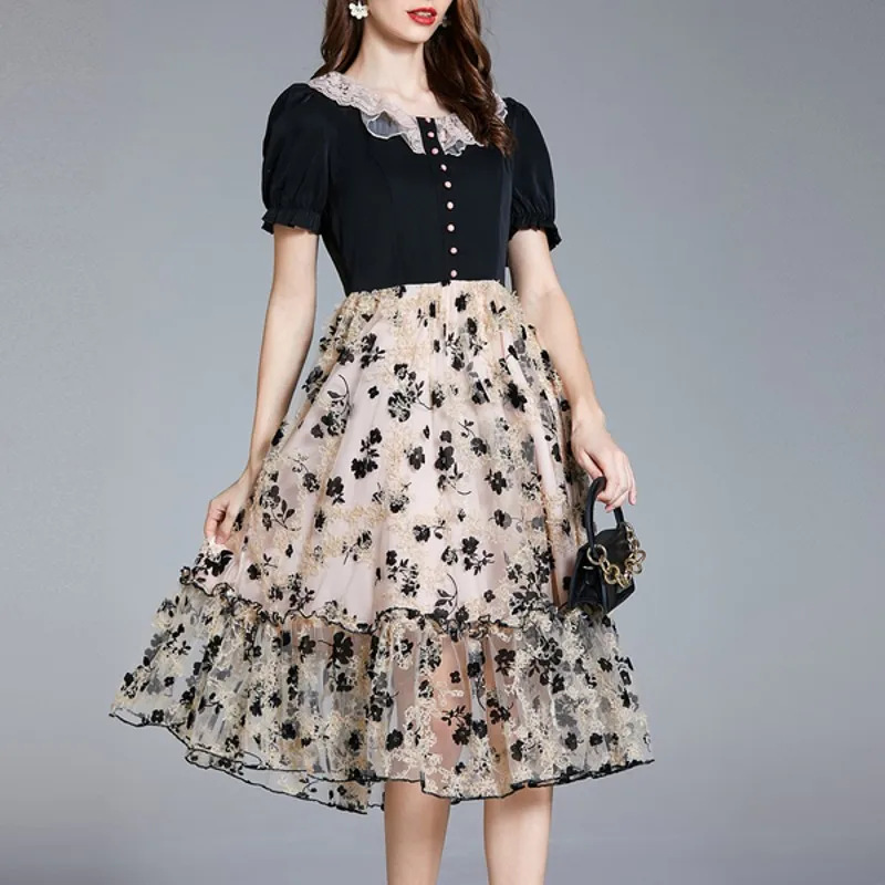 

Summer Sweet Flower Embroidery Princess Dress Vintage Lady Lace Patchwork O-Neck Short Sleeve Slim Waist Casual Party Dresses