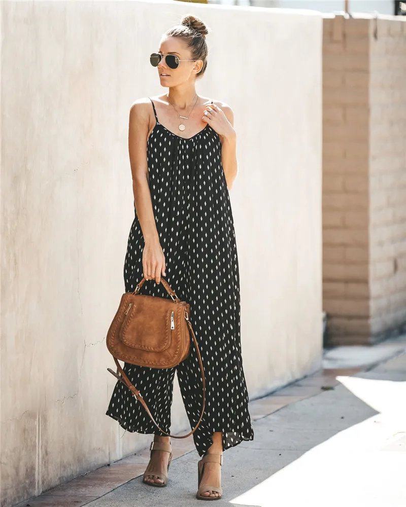 

Strap Jumpsuit Women Summer Rompers Black Print Playsuits Sexy Backless Bodysuits Wide Leg Overalls Casual Fashion Female Outfit