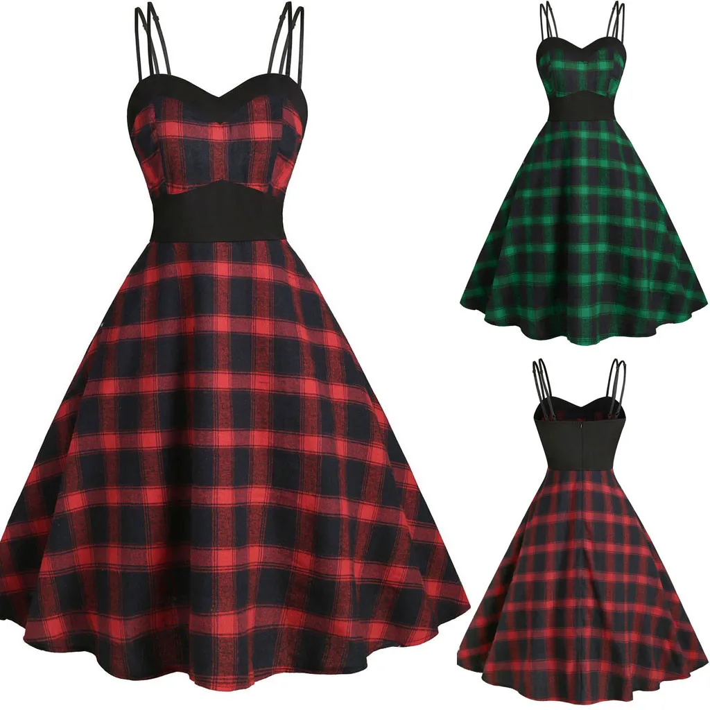Винтажное зеленое красное клетчатое платье женское ТРАПЕЦИЕВИДНОЕ без рукавов