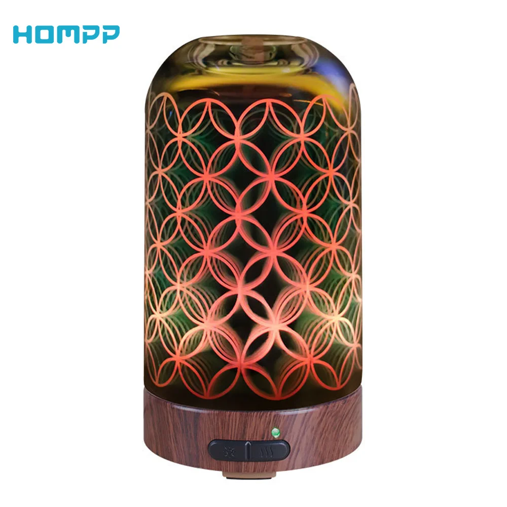 3D Glass Essential Oil Diffuser,100ml Ultrasonic Aromatherapy Humidifier with 7 Color Changing Lights,Waterless Auto Shut Off
